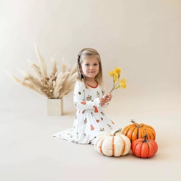 Kyte Baby Long Sleeve Printed Twirl Dress in Pumpkin Pumpkin / 7T - Picture 2 of 5